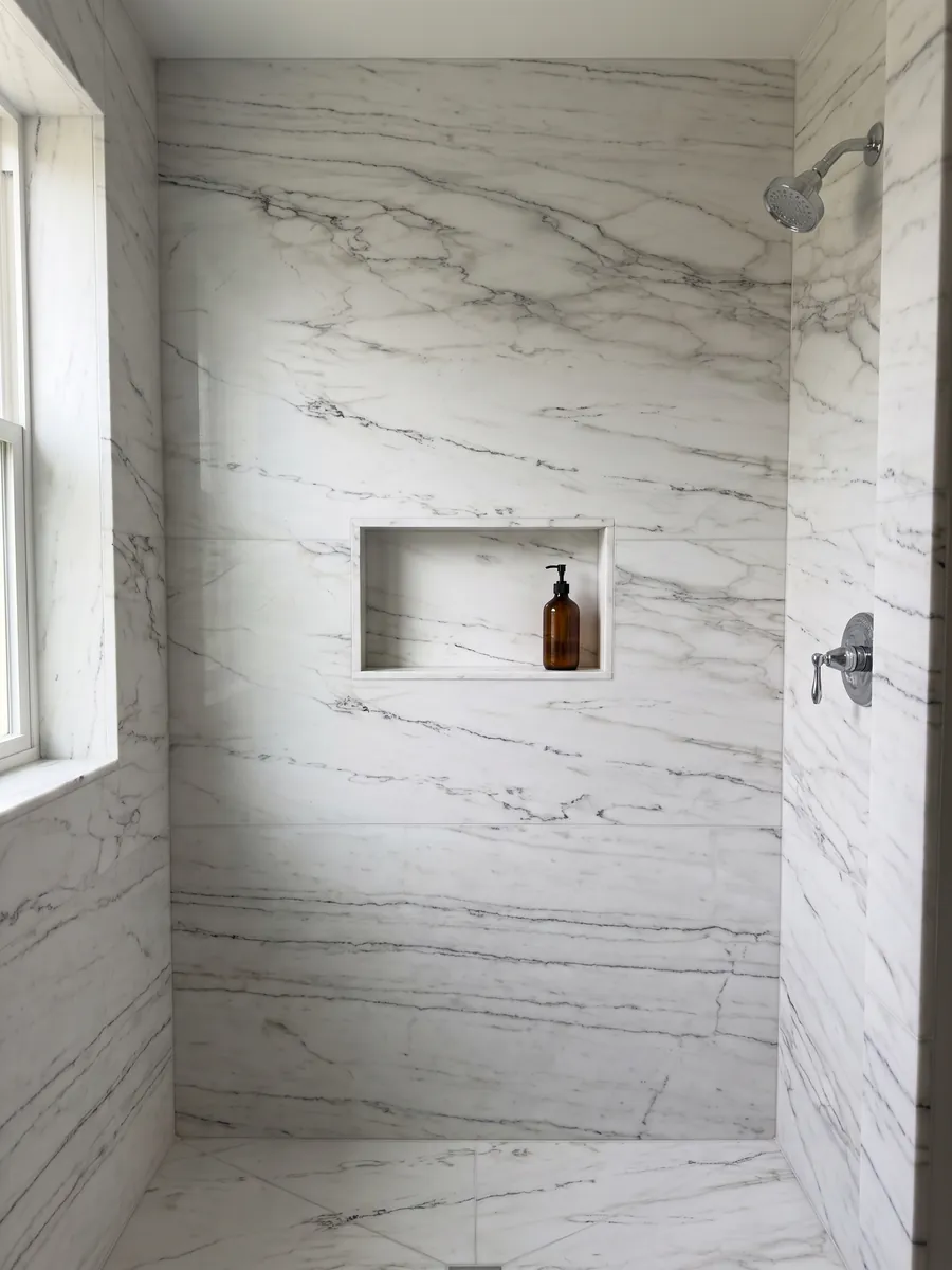 Ducha revestida con placas enteras de mármol blanco Colorado Gold con nicho empotrado: blanco grisáceo con vetas oscuras finas horizontales; no se ve dorado en la foto
