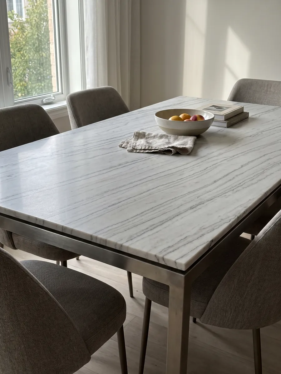 Mesa de comedor con cubierta de mármol blanco Colorado Gold sobre base de acero: blanco grisáceo con vetas oscuras finas horizontales; no se ve dorado en la foto