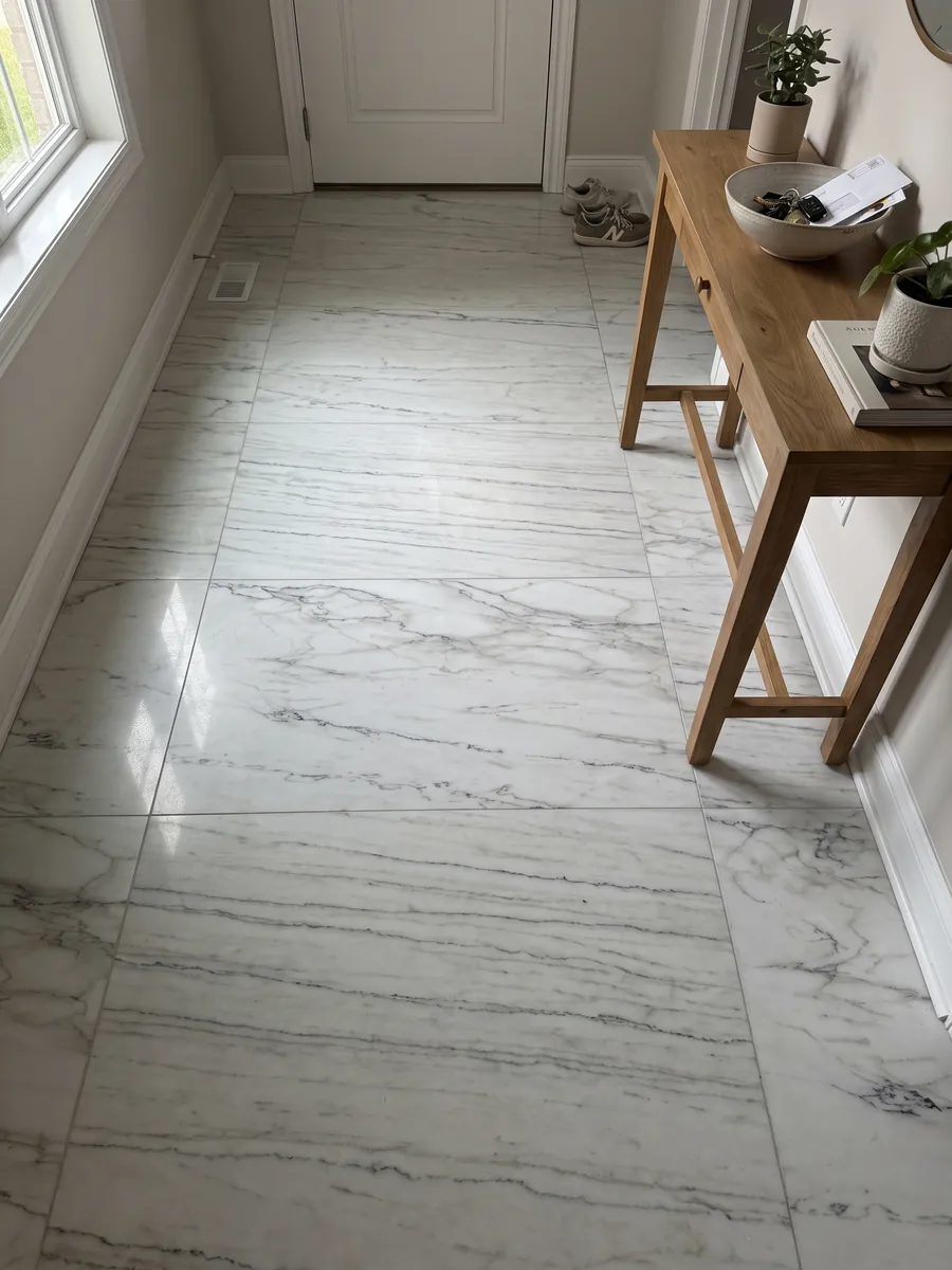 Piso de recibidor en placas grandes de mármol blanco Colorado Gold con luz natural: blanco grisáceo con vetas oscuras finas horizontales; no se ve dorado en la foto