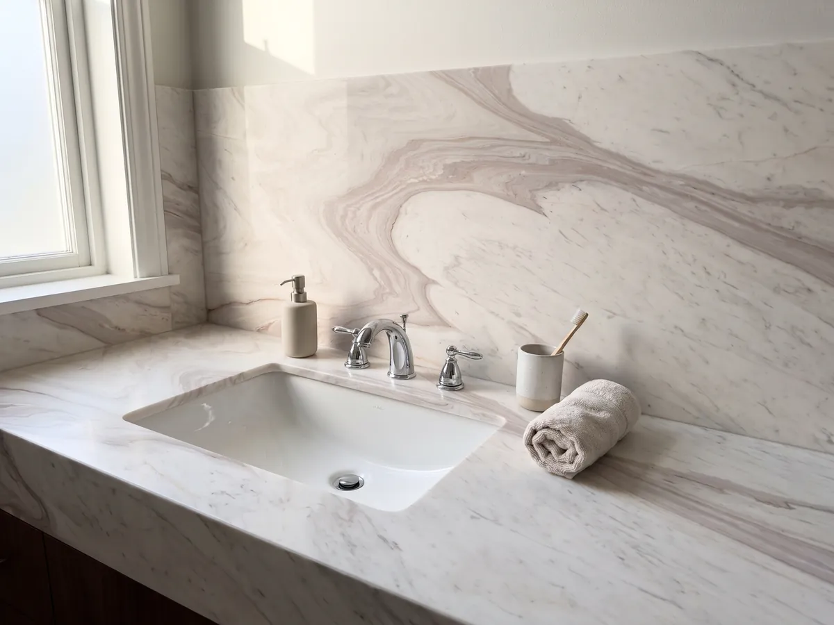 Cubierta de lavabo y pared de baño en mármol blanco Cosmopolitan con lavamanos blanco y grifería cromada: blanco cálido con una gran onda beige rosada en forma de curva en S