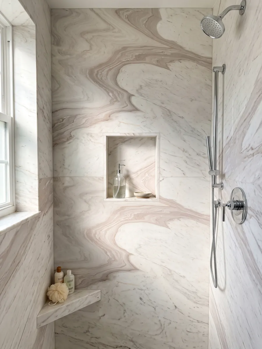Ducha revestida con placas enteras de mármol blanco Cosmopolitan con nicho empotrado: blanco cálido con una gran onda beige rosada en forma de curva en S