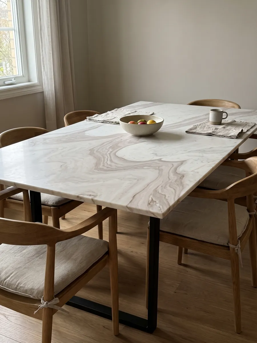 Mesa de comedor con cubierta de mármol blanco Cosmopolitan sobre base de acero: blanco cálido con una gran onda beige rosada en forma de curva en S
