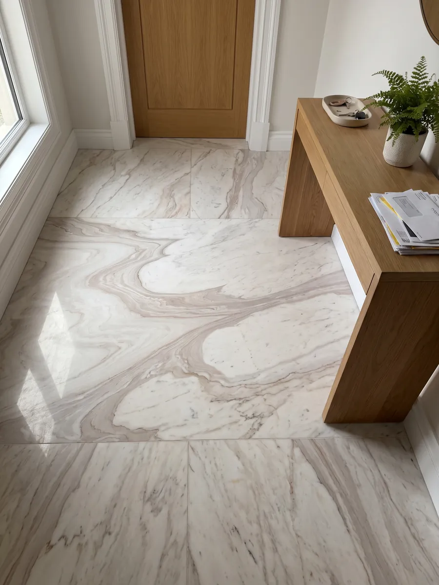 Piso de recibidor en placas grandes de mármol blanco Cosmopolitan con luz natural: blanco cálido con una gran onda beige rosada en forma de curva en S