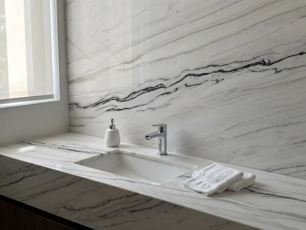 Cubierta de lavabo y pared de baño en Mármol Blanco Covelano Macchia Vecchia con lavamanos blanco y grifería cromada: blanco con una veta negra ondulada que atraviesa la placa casi horizontalmente