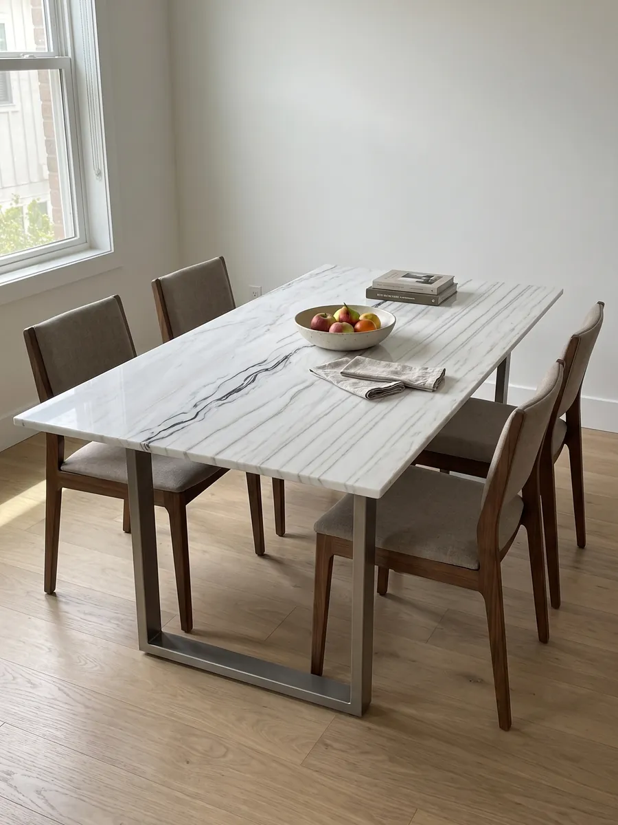 Mesa de comedor con cubierta de Mármol Blanco Covelano Macchia Vecchia sobre base de acero: blanco con una veta negra ondulada que atraviesa la placa casi horizontalmente