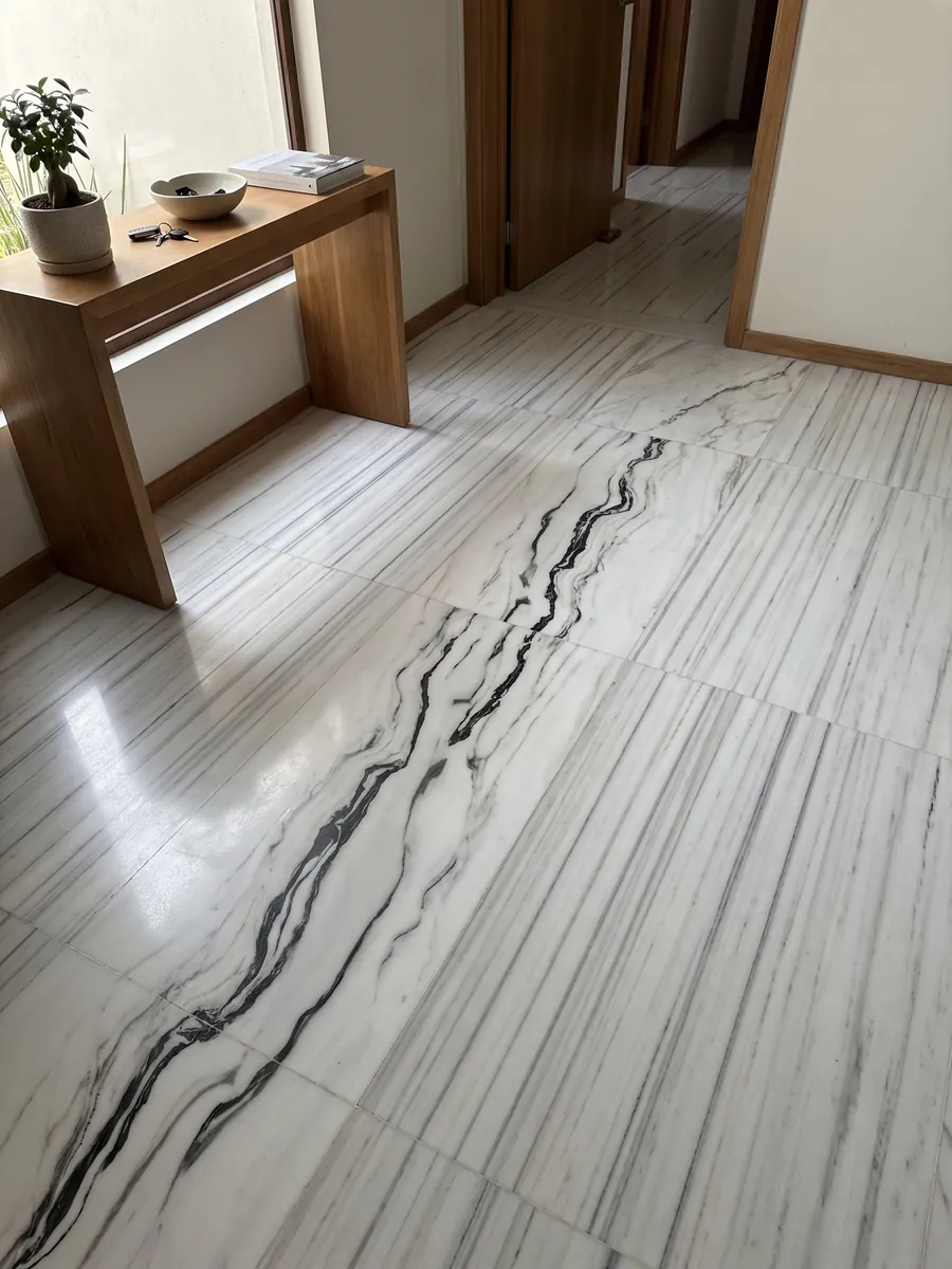 Piso de recibidor en placas grandes de Mármol Blanco Covelano Macchia Vecchia con luz natural: blanco con una veta negra ondulada que atraviesa la placa casi horizontalmente