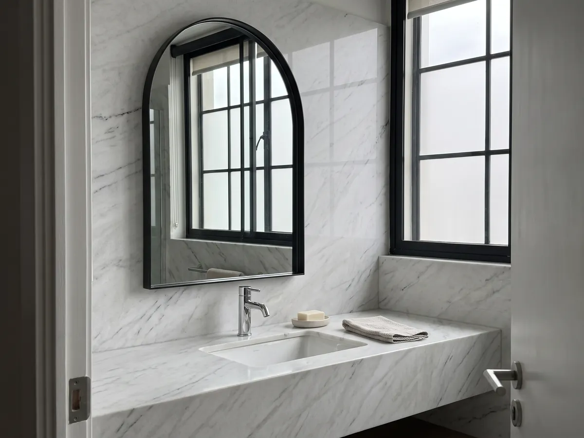 Cubierta de lavabo y pared de baño en mármol blanco Dolomita con lavamanos blanco y grifería cromada: blanco grisáceo con vetas grises finas y alguna línea más oscura
