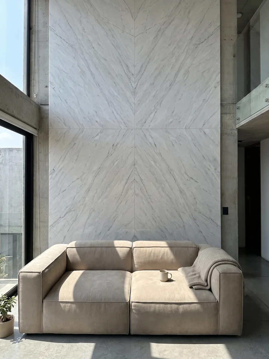 Pared de sala revestida con placas de mármol blanco Dolomita abiertas en libro detrás de un sofá: blanco grisáceo con vetas grises finas y alguna línea más oscura