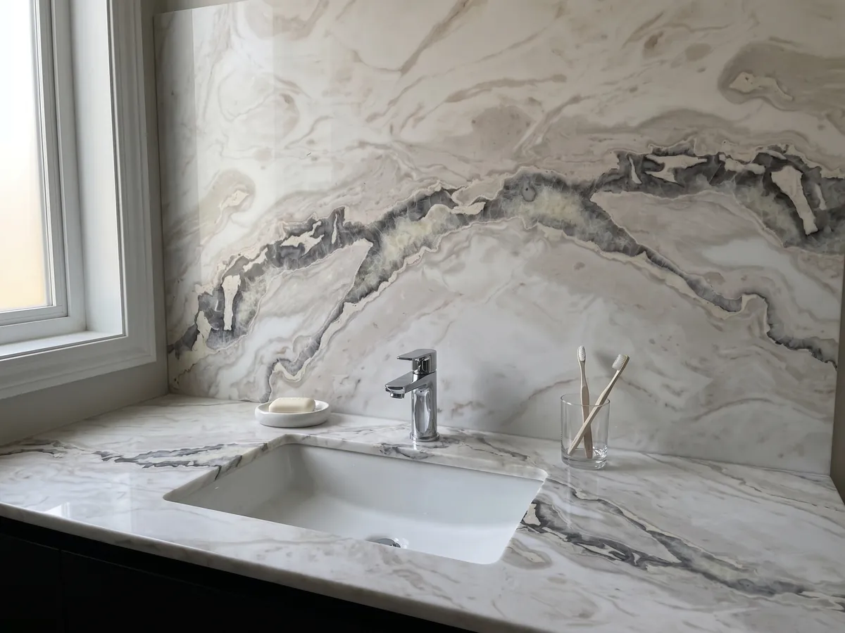 Cubierta de lavabo y pared de baño en mármol blanco Dover White con lavamanos blanco y grifería cromada: blanco con una veta gris oscura irregular que cruza la parte superior