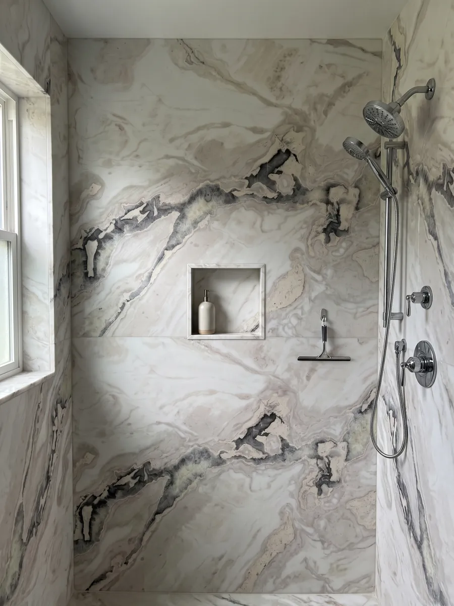 Ducha revestida con placas enteras de mármol blanco Dover White con nicho empotrado: blanco con una veta gris oscura irregular que cruza la parte superior