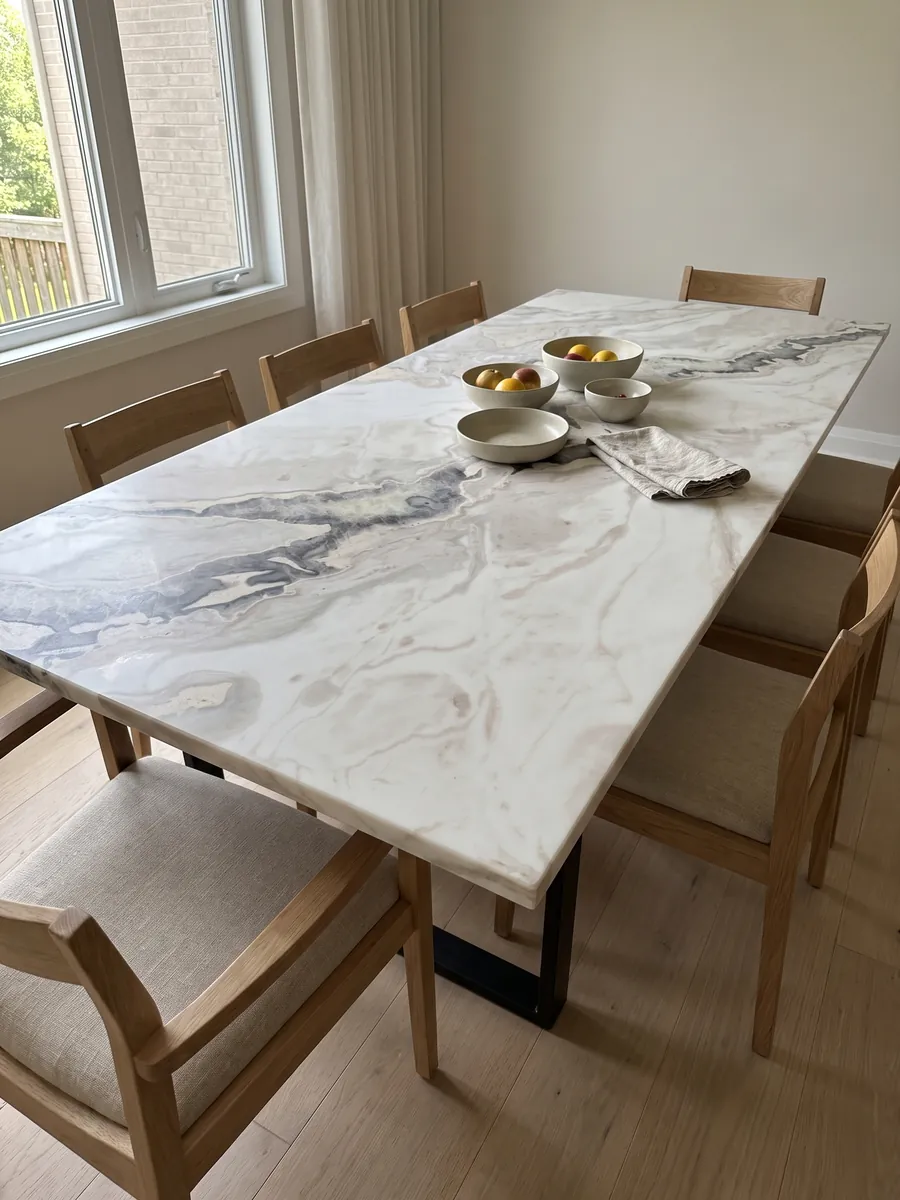 Mesa de comedor con cubierta de mármol blanco Dover White sobre base de acero: blanco con una veta gris oscura irregular que cruza la parte superior