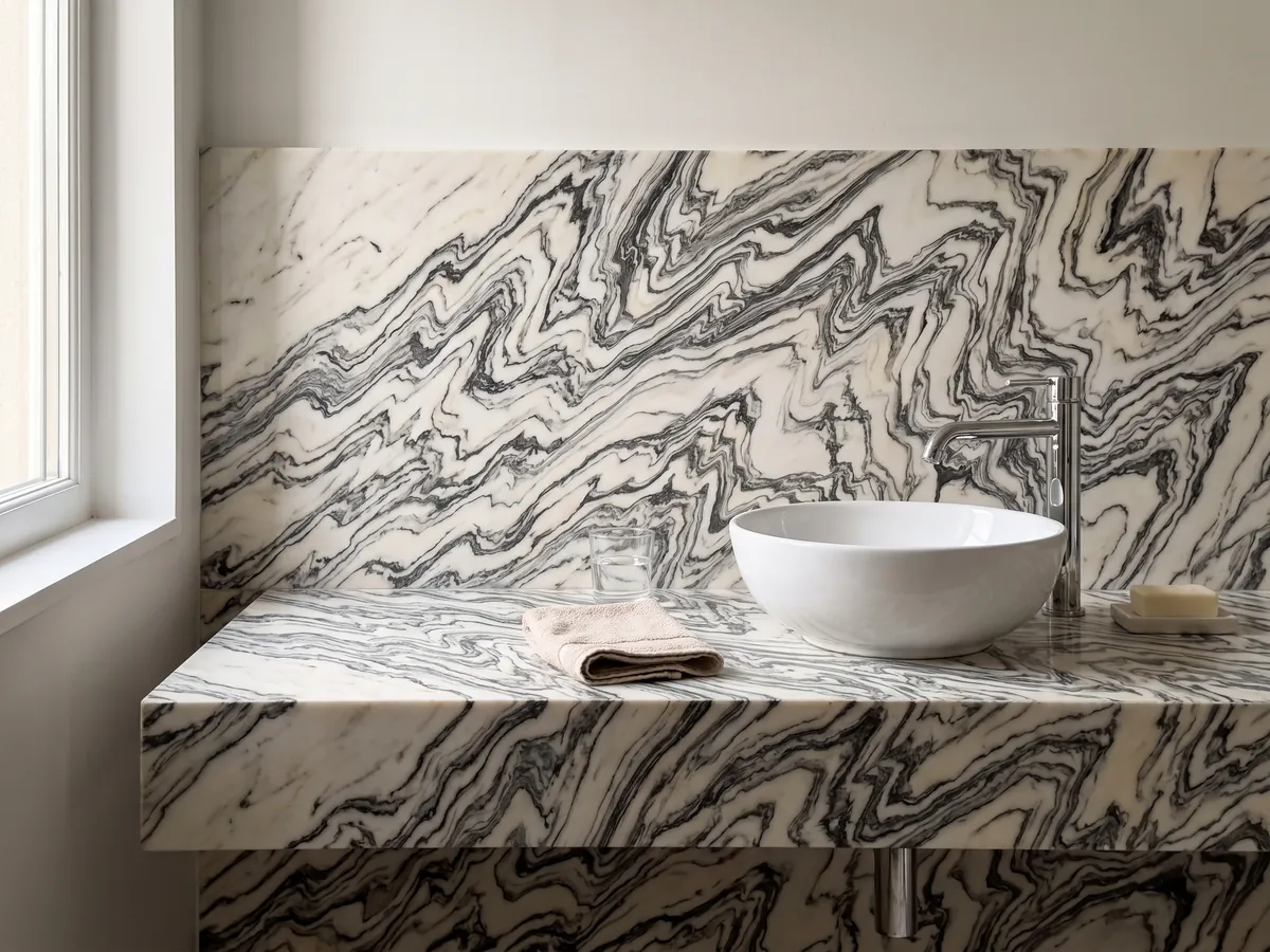 Cubierta de lavabo y pared de baño en mármol blanco Fantastico Arni con lavamanos blanco y grifería cromada: vetas negras plegadas en zigzag que forman ondas continuas sobre fondo blanco
