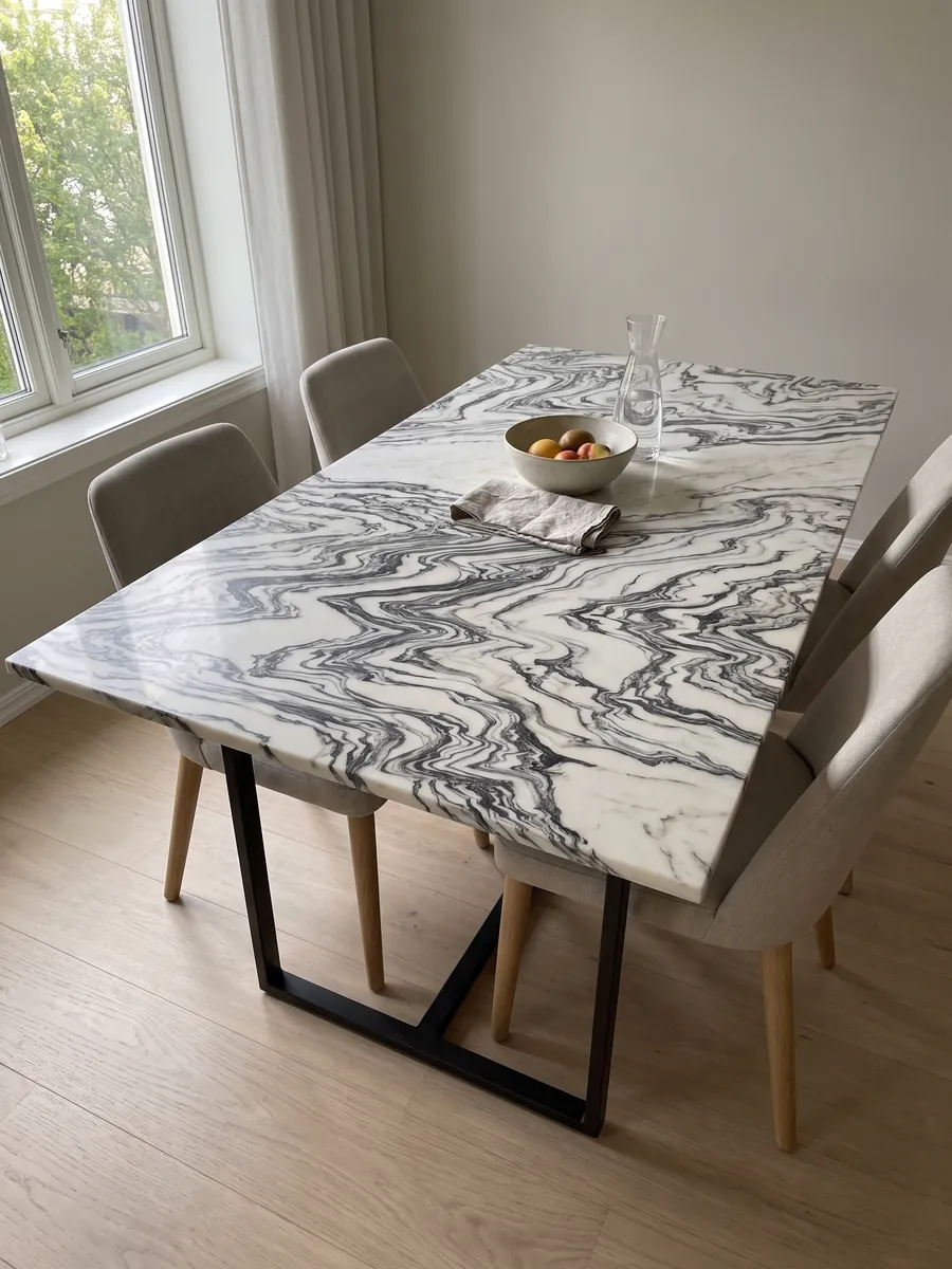 Mesa de comedor con cubierta de mármol blanco Fantastico Arni sobre base de acero: vetas negras plegadas en zigzag que forman ondas continuas sobre fondo blanco