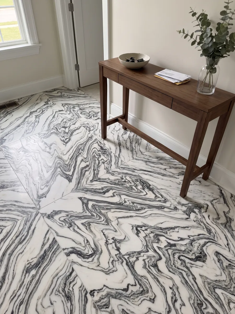 Piso de recibidor en placas grandes de mármol blanco Fantastico Arni con luz natural: vetas negras plegadas en zigzag que forman ondas continuas sobre fondo blanco