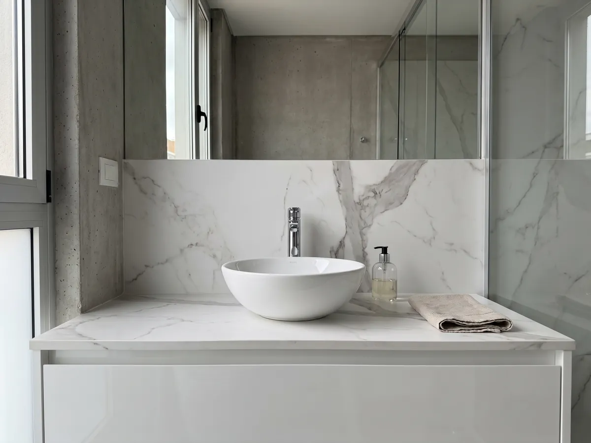 Cubierta de lavabo y pared de baño en mármol blanco Geneva con lavamanos blanco y grifería cromada: blanco muy limpio cruzado por una veta gris vertical y algunas ramas finas