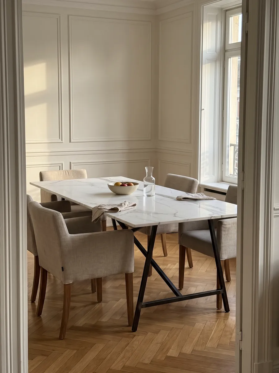 Mesa de comedor con cubierta de mármol blanco Geneva sobre base de acero: blanco muy limpio cruzado por una veta gris vertical y algunas ramas finas