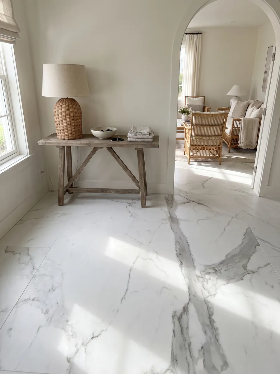 Piso de recibidor en placas grandes de mármol blanco Geneva con luz natural: blanco muy limpio cruzado por una veta gris vertical y algunas ramas finas