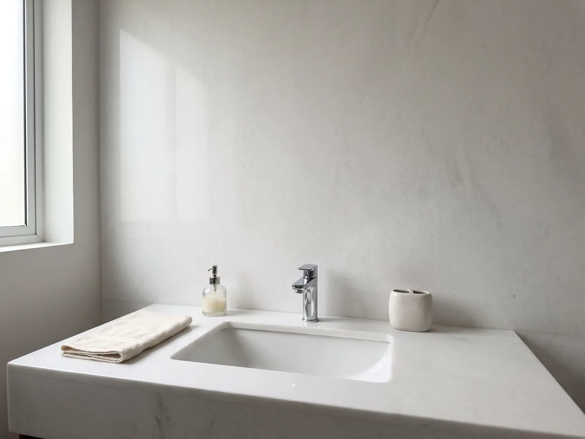 Cubierta de lavabo y pared de baño en Mármol Blanco Ghiaccio con lavamanos blanco y grifería cromada: blanco puro casi sin dibujo visible