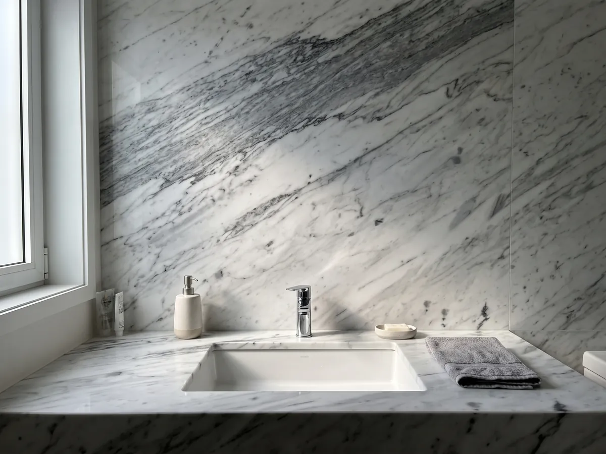 Cubierta de lavabo y pared de baño en Mármol Blanco Gioia con lavamanos blanco y grifería cromada: blanco con vetas grises en diagonal, más densas y oscuras en la parte superior