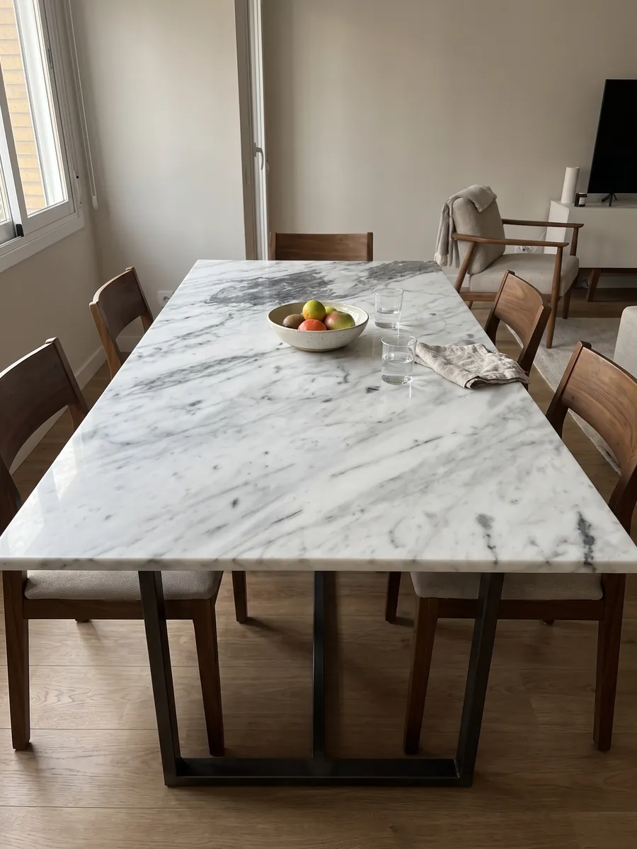 Mesa de comedor con cubierta de Mármol Blanco Gioia sobre base de acero: blanco con vetas grises en diagonal, más densas y oscuras en la parte superior