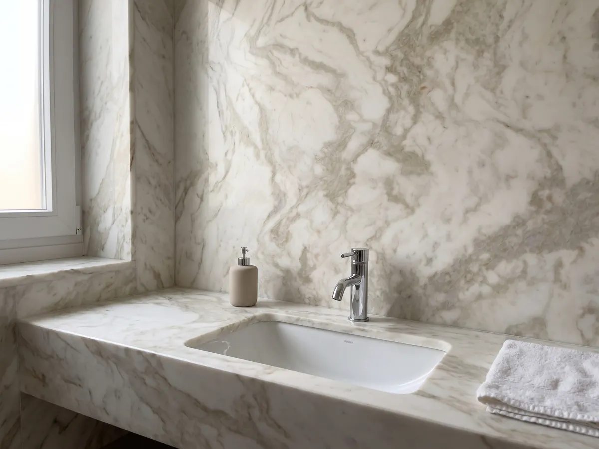 Cubierta de lavabo y pared de baño en mármol blanco Jasmine con lavamanos blanco y grifería cromada: blanco cálido con vetas beige difusas, suaves y nubladas