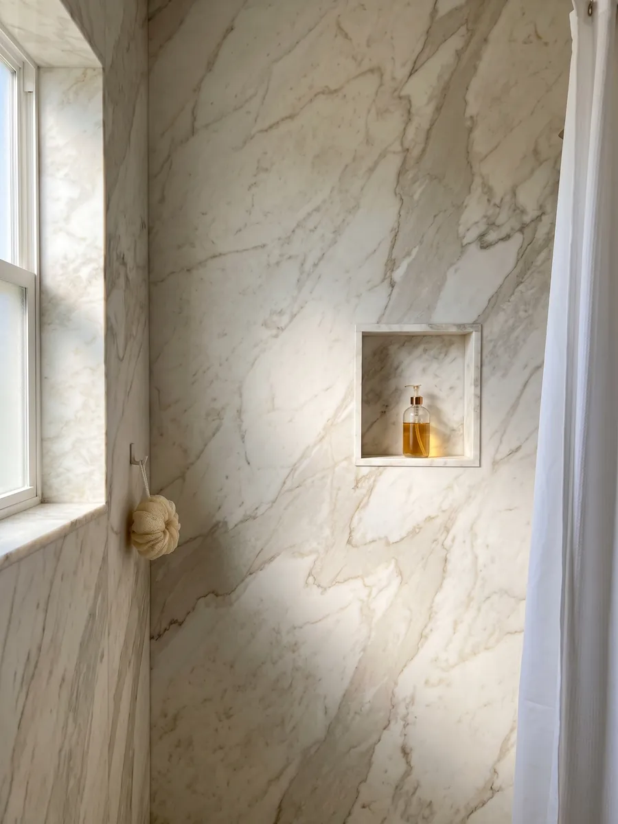 Ducha revestida con placas enteras de mármol blanco Jasmine con nicho empotrado: blanco cálido con vetas beige difusas, suaves y nubladas