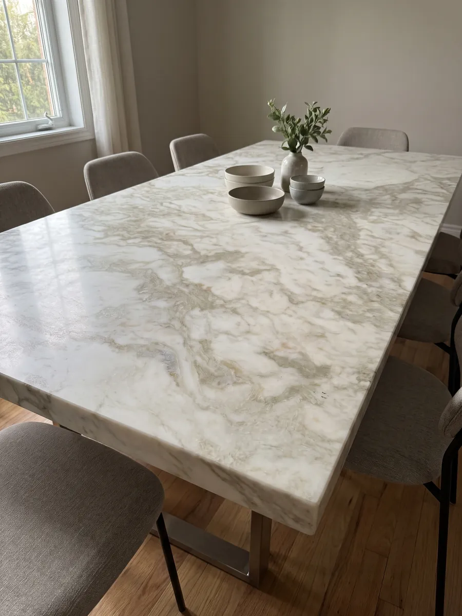 Mesa de comedor con cubierta de mármol blanco Jasmine sobre base de acero: blanco cálido con vetas beige difusas, suaves y nubladas