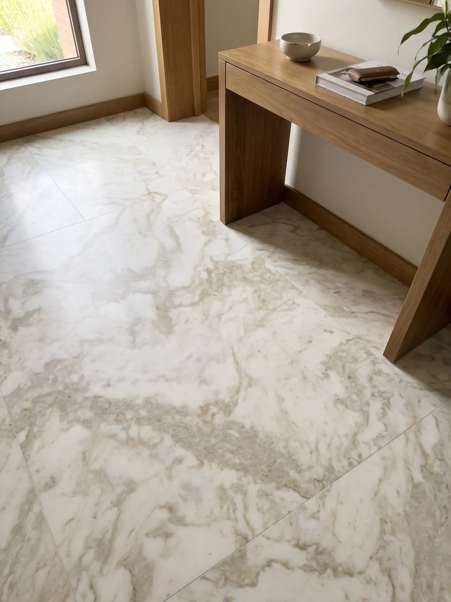 Piso de recibidor en placas grandes de mármol blanco Jasmine con luz natural: blanco cálido con vetas beige difusas, suaves y nubladas