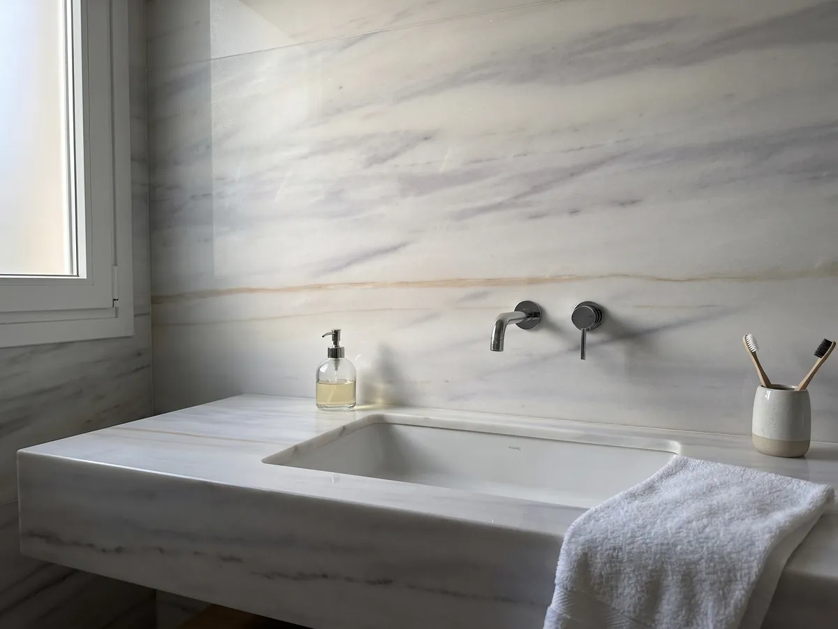 Cubierta de lavabo y pared de baño en Mármol Blanco Lasa Covelano Gold con lavamanos blanco y grifería cromada: blanco grisáceo con vetas horizontales lavanda suaves y una fina línea dorada