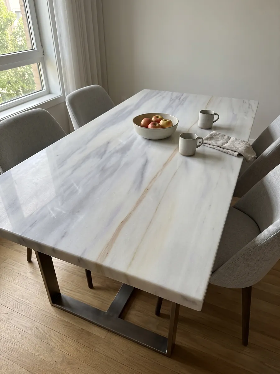 Mesa de comedor con cubierta de Mármol Blanco Lasa Covelano Gold sobre base de acero: blanco grisáceo con vetas horizontales lavanda suaves y una fina línea dorada
