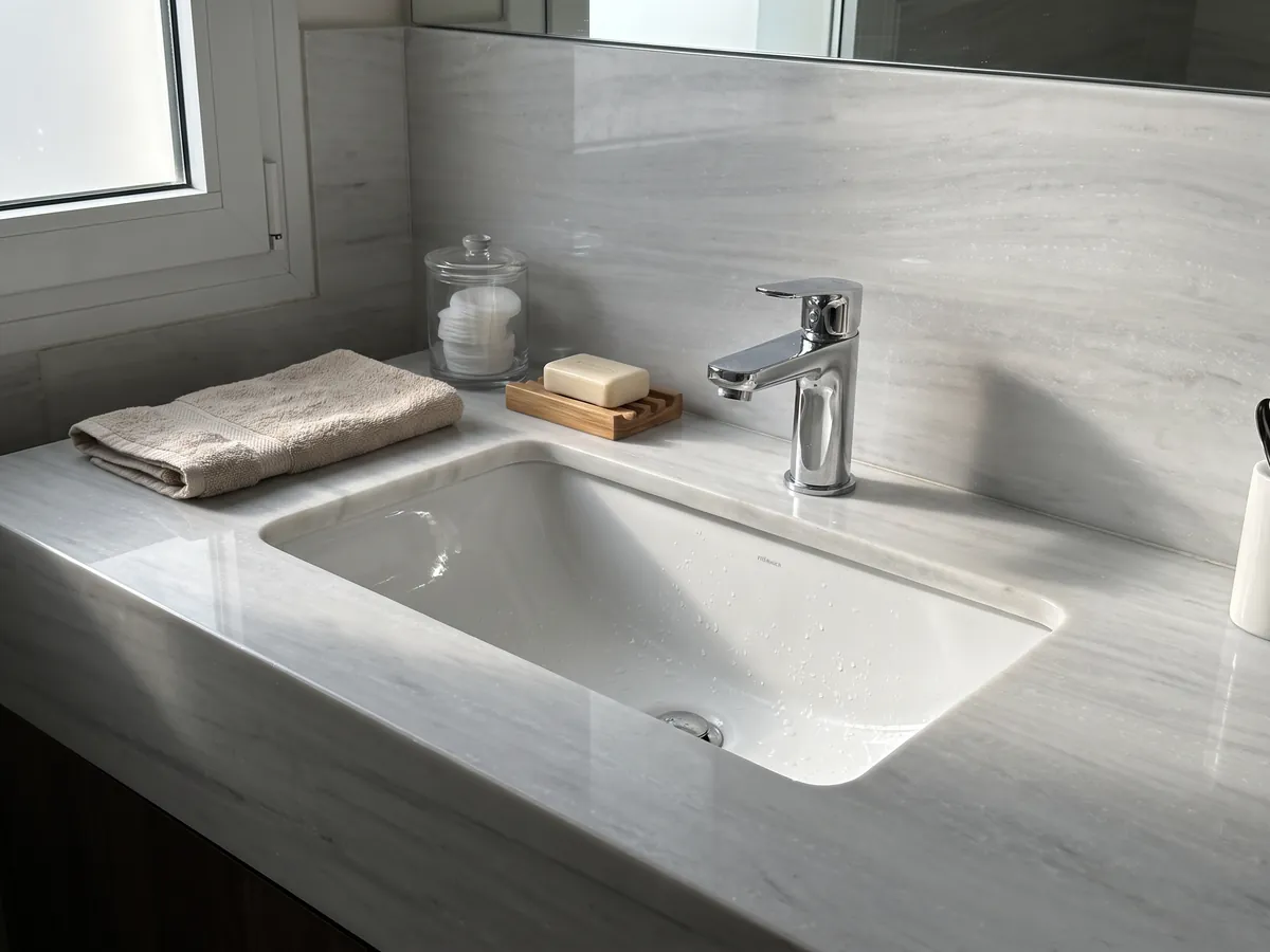 Cubierta de lavabo y pared de baño en Mármol Blanco Laser con lavamanos blanco y grifería cromada: blanco grisáceo casi liso con líneas horizontales muy suaves