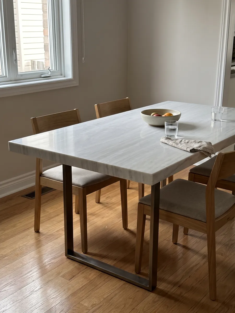Mesa de comedor con cubierta de Mármol Blanco Laser sobre base de acero: blanco grisáceo casi liso con líneas horizontales muy suaves