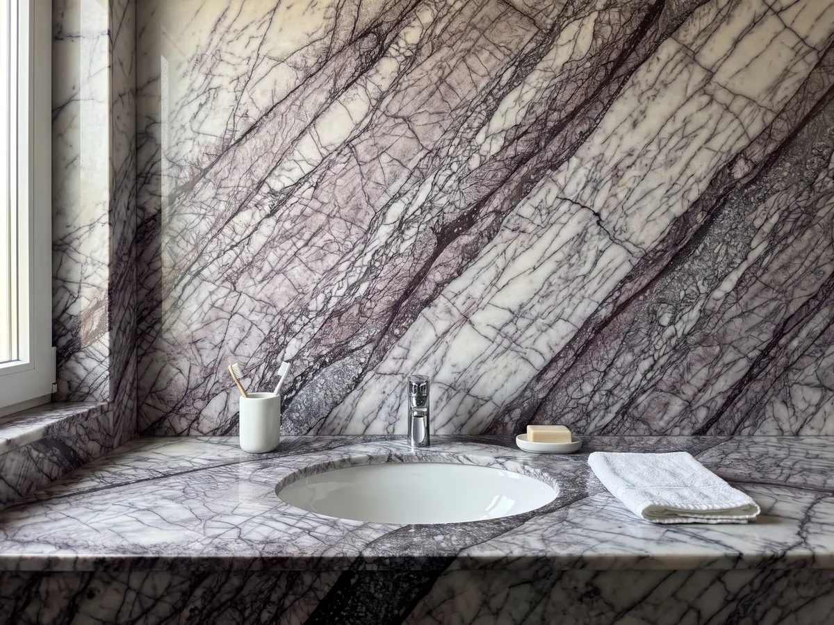 Cubierta de lavabo y pared de baño en mármol blanco Lilac con lavamanos blanco y grifería cromada: blanco atravesado por una red densa de vetas violeta oscuro en bandas diagonales