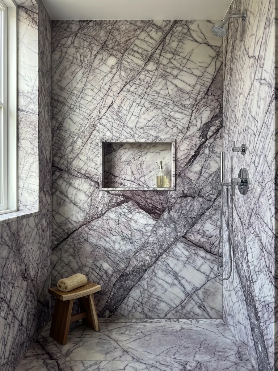 Ducha revestida con placas enteras de mármol blanco Lilac con nicho empotrado: blanco atravesado por una red densa de vetas violeta oscuro en bandas diagonales