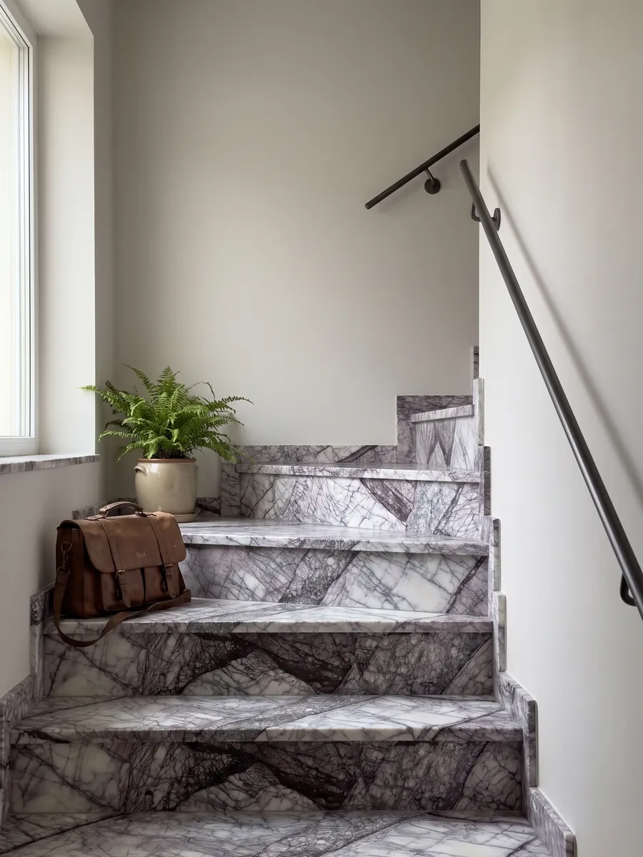 Escalera interior con peldaños de mármol blanco Lilac con pasamanos: blanco atravesado por una red densa de vetas violeta oscuro en bandas diagonales