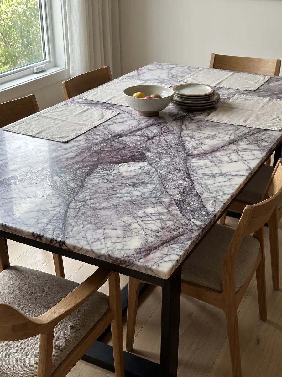 Mesa de comedor con cubierta de mármol blanco Lilac sobre base de acero: blanco atravesado por una red densa de vetas violeta oscuro en bandas diagonales
