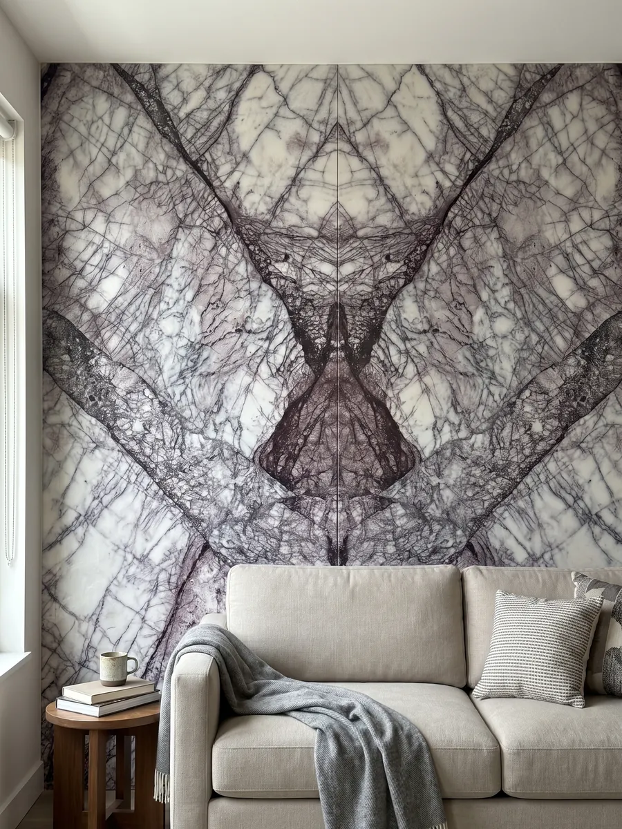 Pared de sala revestida con placas de mármol blanco Lilac abiertas en libro detrás de un sofá: blanco atravesado por una red densa de vetas violeta oscuro en bandas diagonales