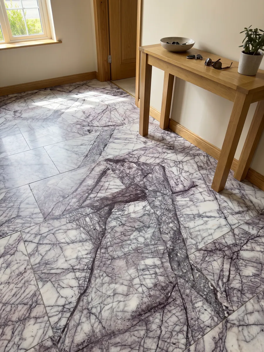 Piso de recibidor en placas grandes de mármol blanco Lilac con luz natural: blanco atravesado por una red densa de vetas violeta oscuro en bandas diagonales