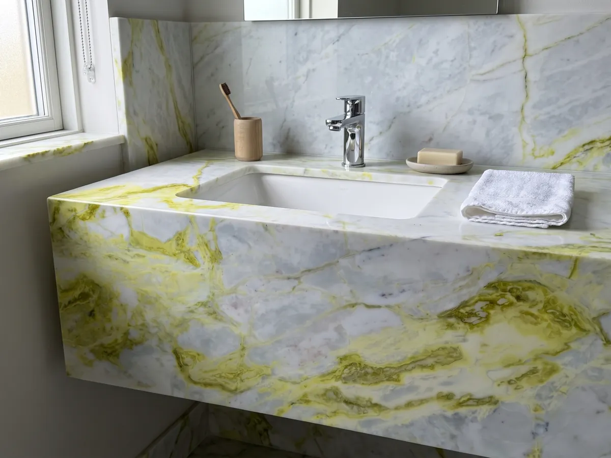Cubierta de lavabo y pared de baño en mármol blanco Luminous con lavamanos blanco y grifería cromada: blanco azulado con vetas amarillo limón muy intensas