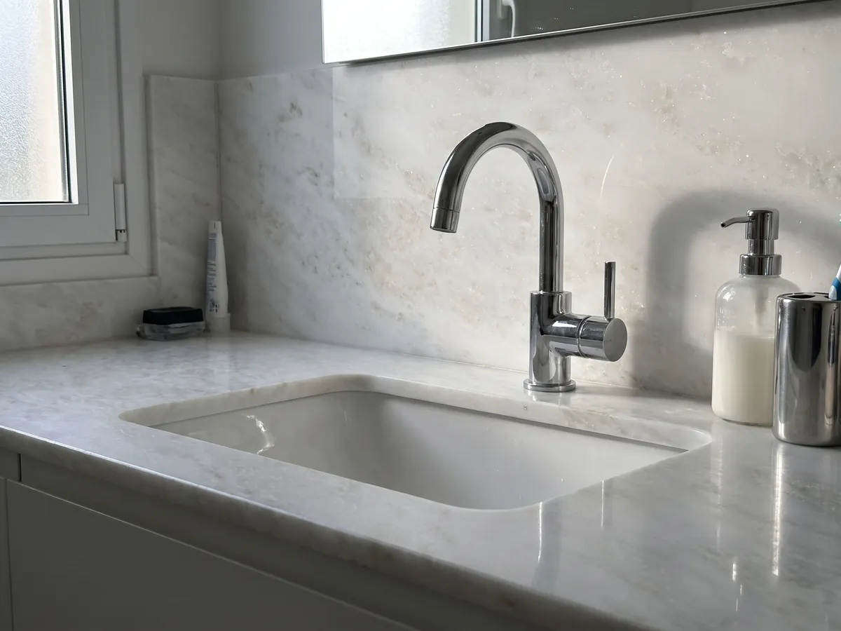 Cubierta de lavabo y pared de baño en Mármol Blanco Namibia con lavamanos blanco y grifería cromada: blanco luminoso de aspecto cristalino con nubes muy tenues