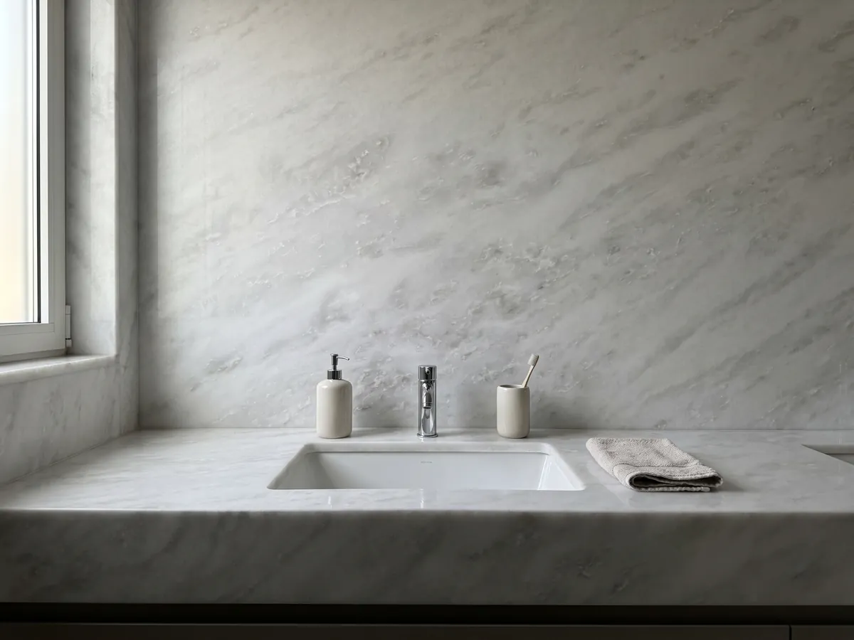 Cubierta de lavabo y pared de baño en mármol blanco Namibia Cream con lavamanos blanco y grifería cromada: blanco casi liso con nubes grises muy tenues