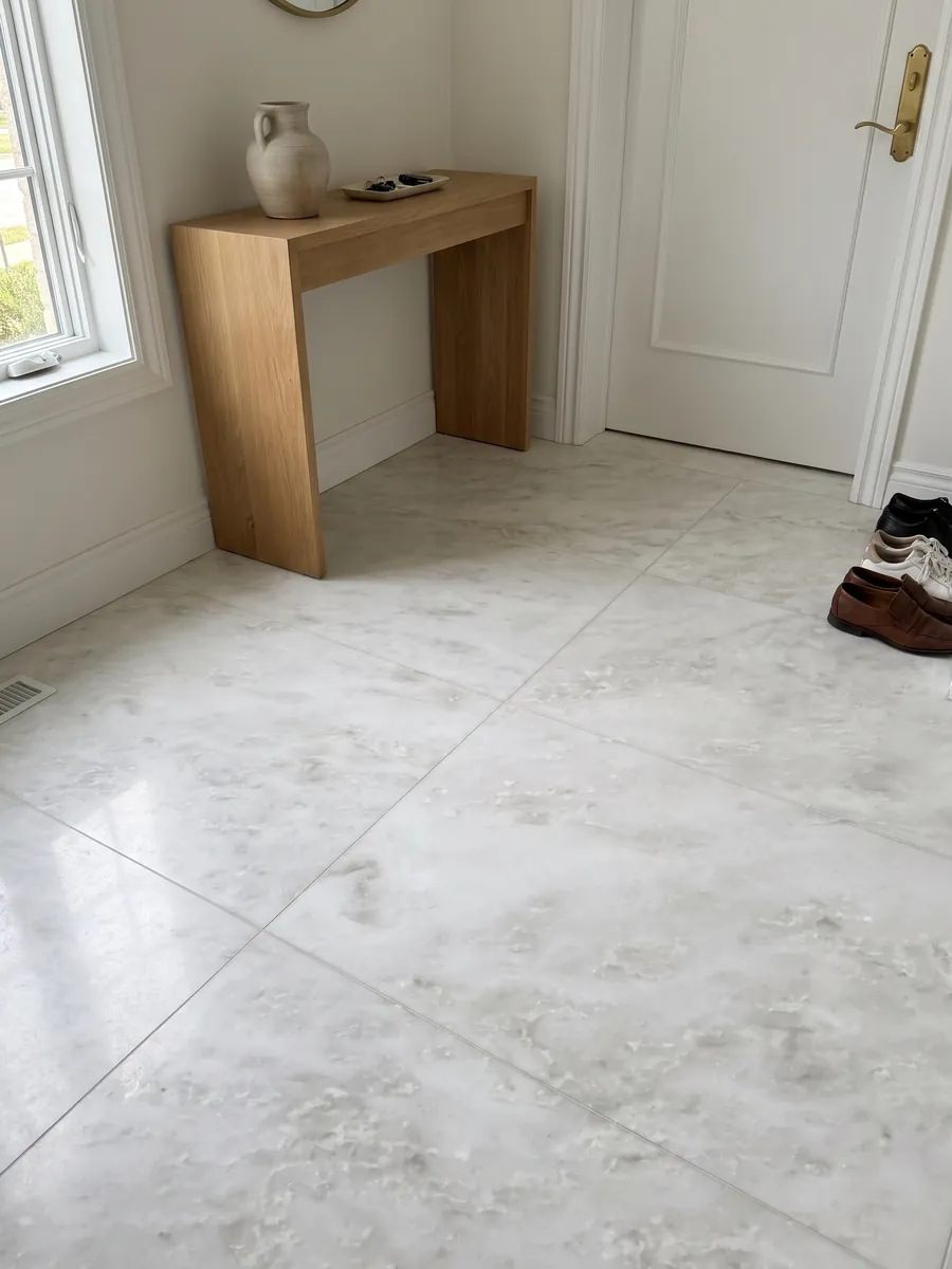 Piso de recibidor en placas grandes de mármol blanco Namibia Cream con luz natural: blanco casi liso con nubes grises muy tenues