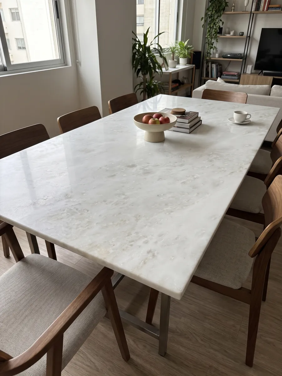Mesa de comedor con cubierta de Mármol Blanco Namibia sobre base de acero: blanco luminoso de aspecto cristalino con nubes muy tenues