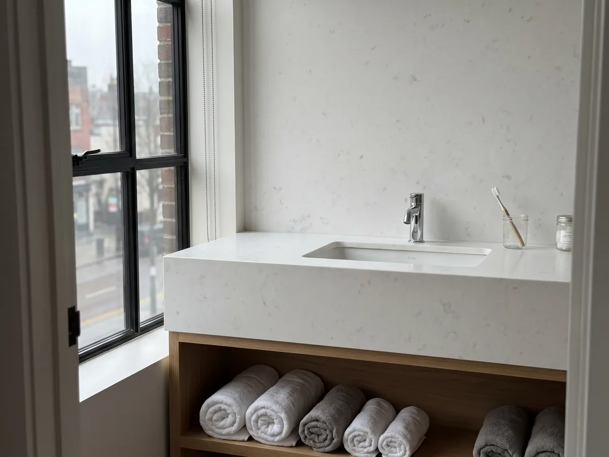 Cubierta de lavabo y pared de baño en mármol blanco Opal White con lavamanos blanco y grifería cromada: blanco liso y uniforme, casi sin dibujo