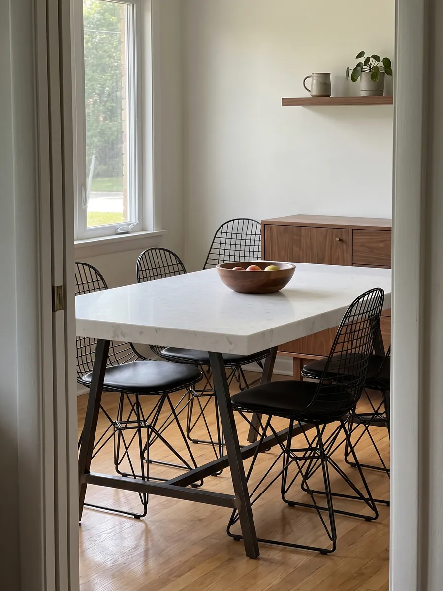 Mesa de comedor con cubierta de mármol blanco Opal White sobre base de acero: blanco liso y uniforme, casi sin dibujo