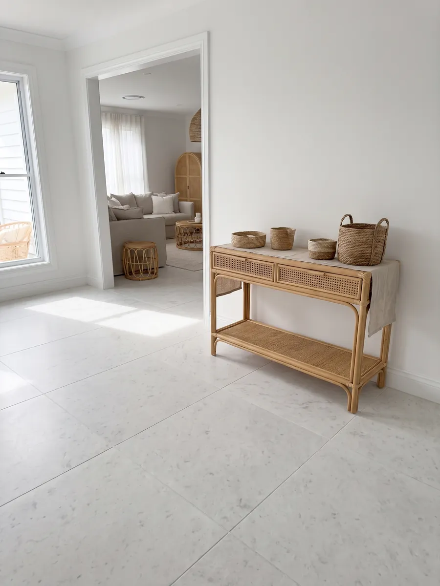 Piso de recibidor en placas grandes de mármol blanco Opal White con luz natural: blanco liso y uniforme, casi sin dibujo