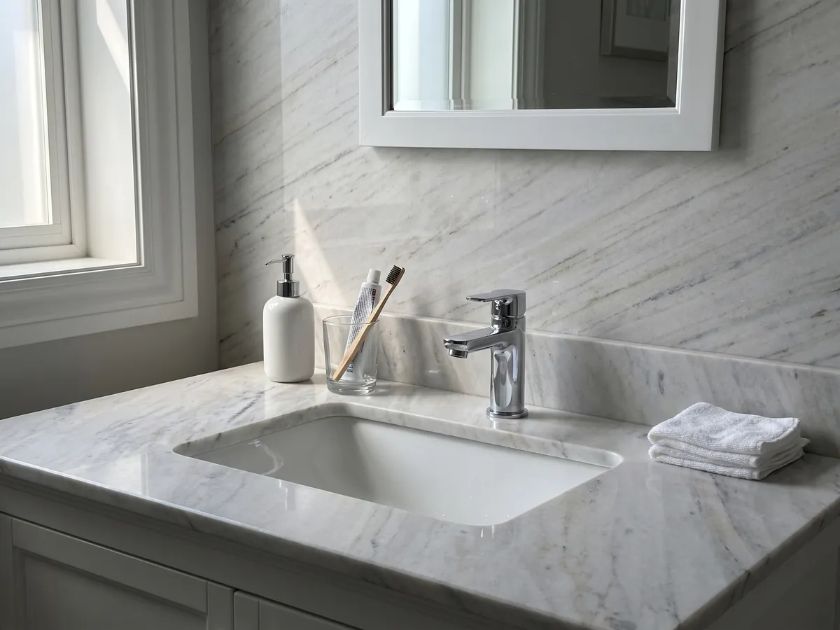 Cubierta de lavabo y pared de baño en mármol blanco Palissandro con lavamanos blanco y grifería cromada: blanco grisáceo con trazos grises finos y paralelos en diagonal
