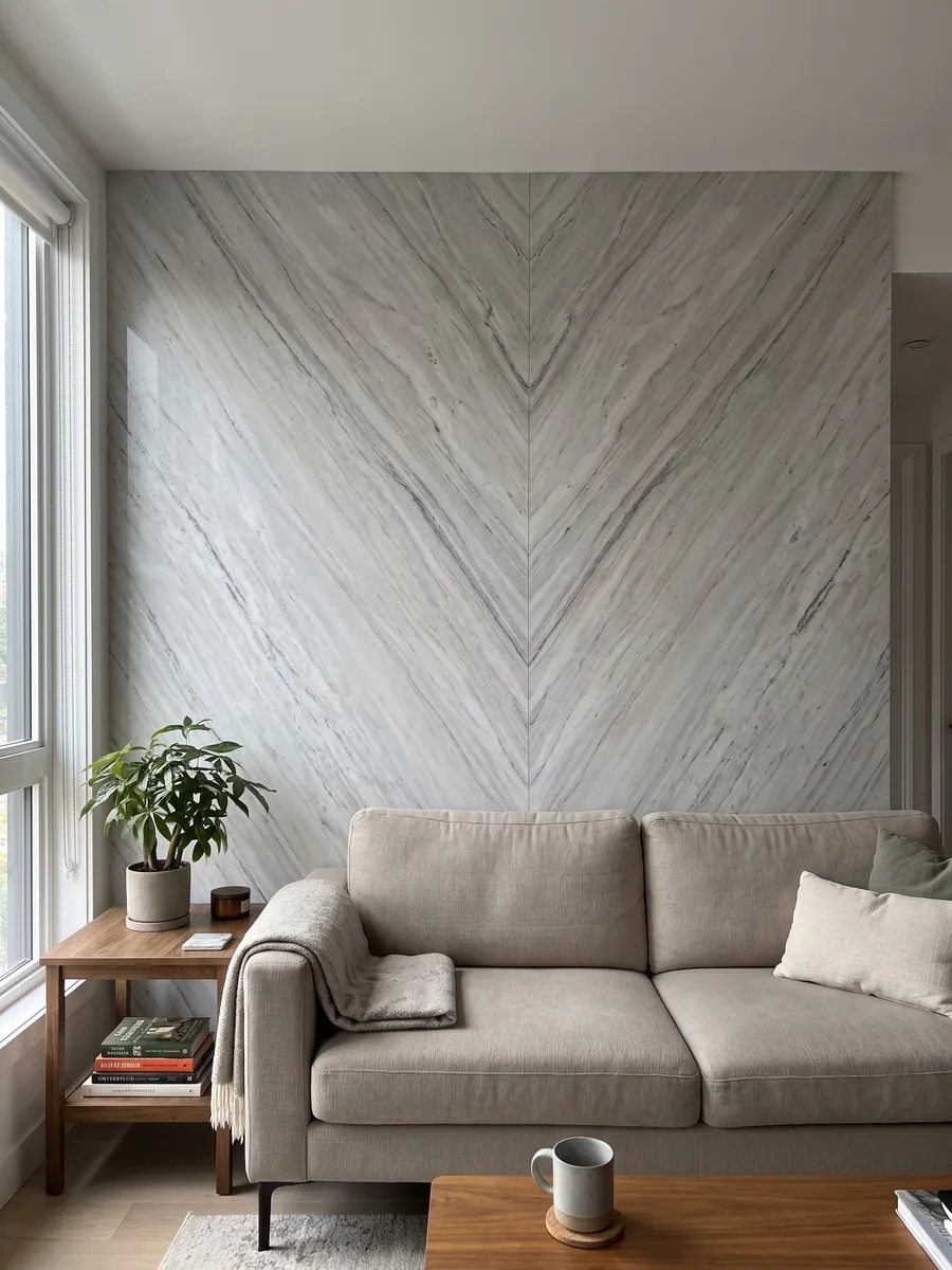 Pared de sala revestida con placas de mármol blanco Palissandro abiertas en libro detrás de un sofá: blanco grisáceo con trazos grises finos y paralelos en diagonal
