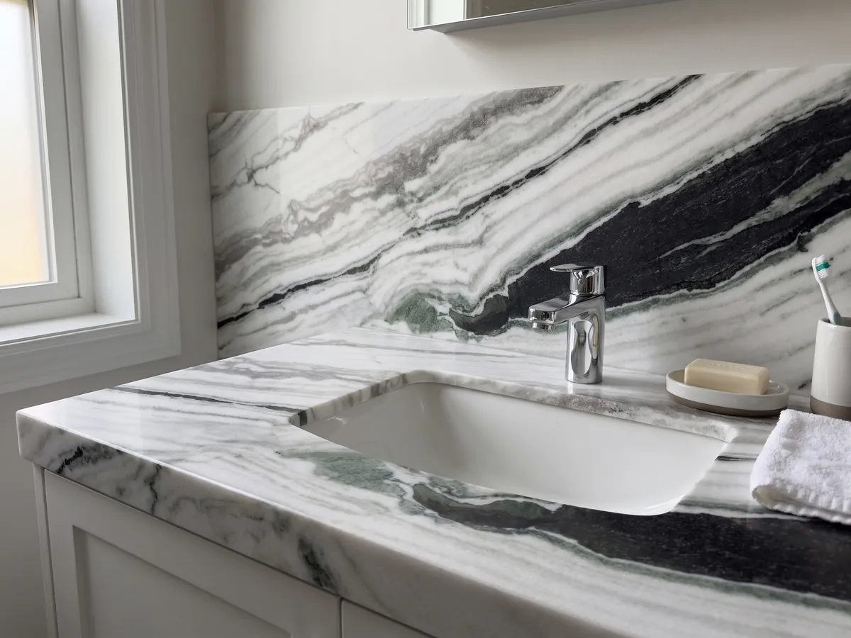 Cubierta de lavabo y pared de baño en mármol blanco Panda White con lavamanos blanco y grifería cromada: blanco con bandas negras diagonales gruesas y toques verdes