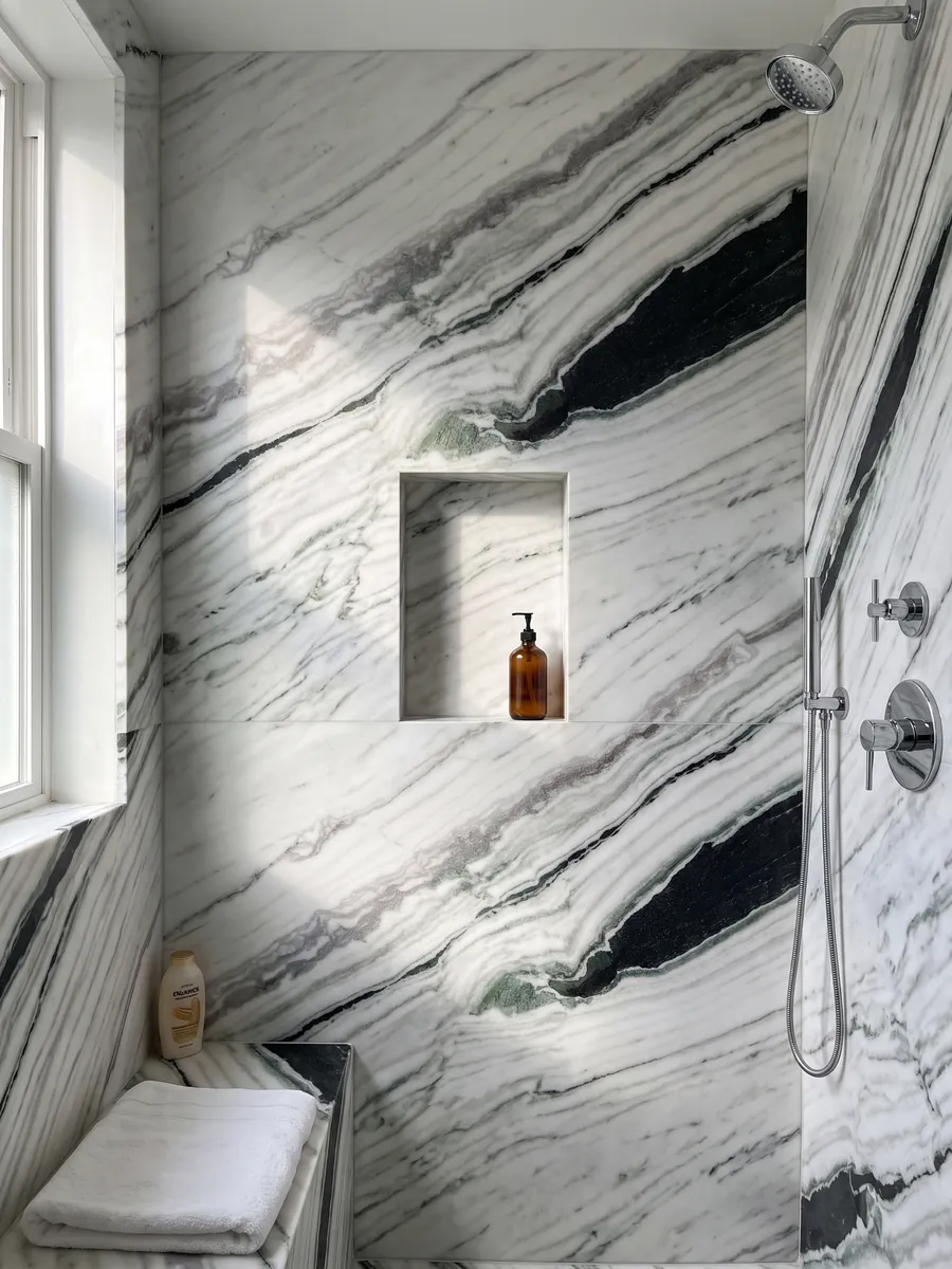 Ducha revestida con placas enteras de mármol blanco Panda White con nicho empotrado: blanco con bandas negras diagonales gruesas y toques verdes